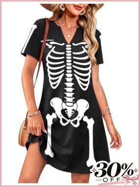 Halloween V-Neck Dress with Pockets